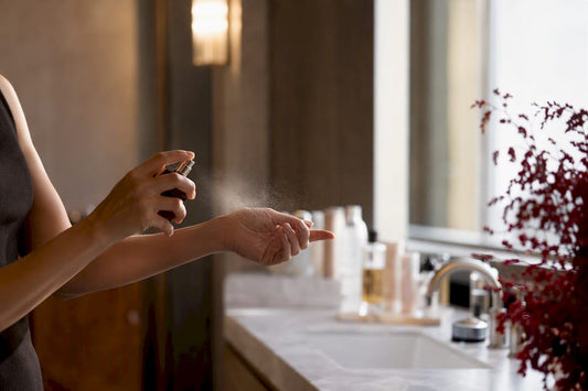 Gros plan sur des mains qui appliquent du parfum sur le poignet.