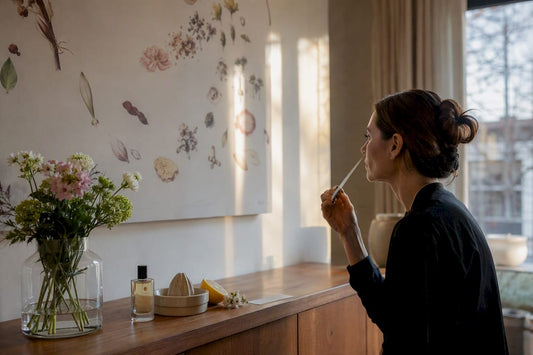 Parfumflesje met geurtonen en bloemen