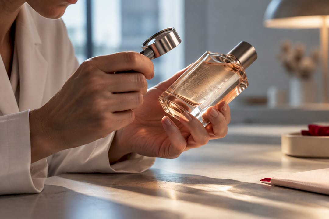 Anoniem parfumetiket wordt gecontroleerd