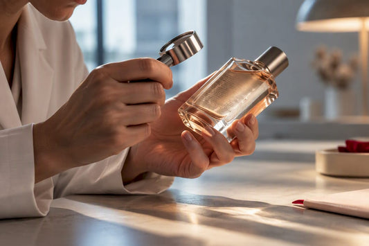 Anoniem parfumetiket wordt gecontroleerd