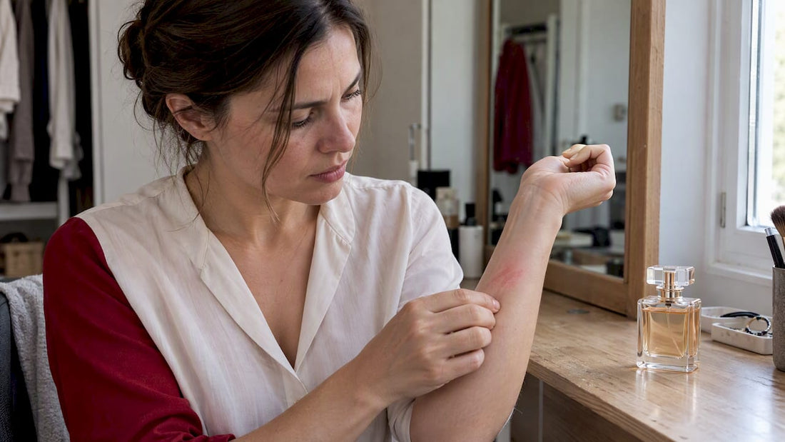 Vrouw kijkt naar roodheid naast parfumflesje