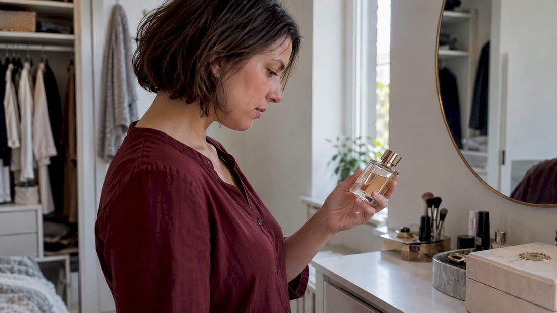Consument bekijkt de informatie op de parfumverpakking