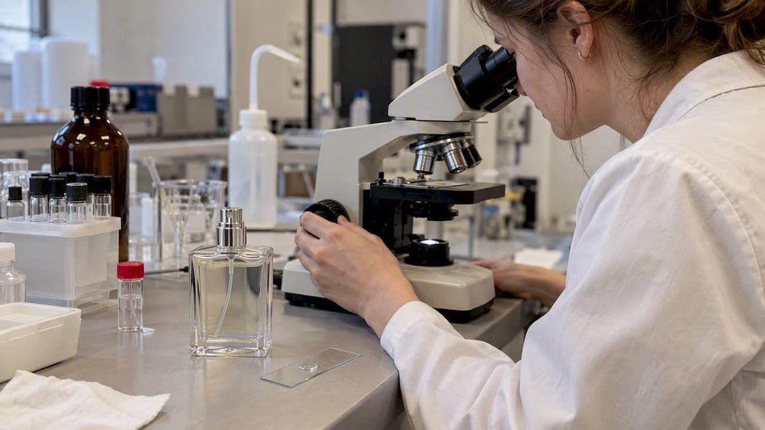 Parfummonster naast een microscoop op de werkbank
